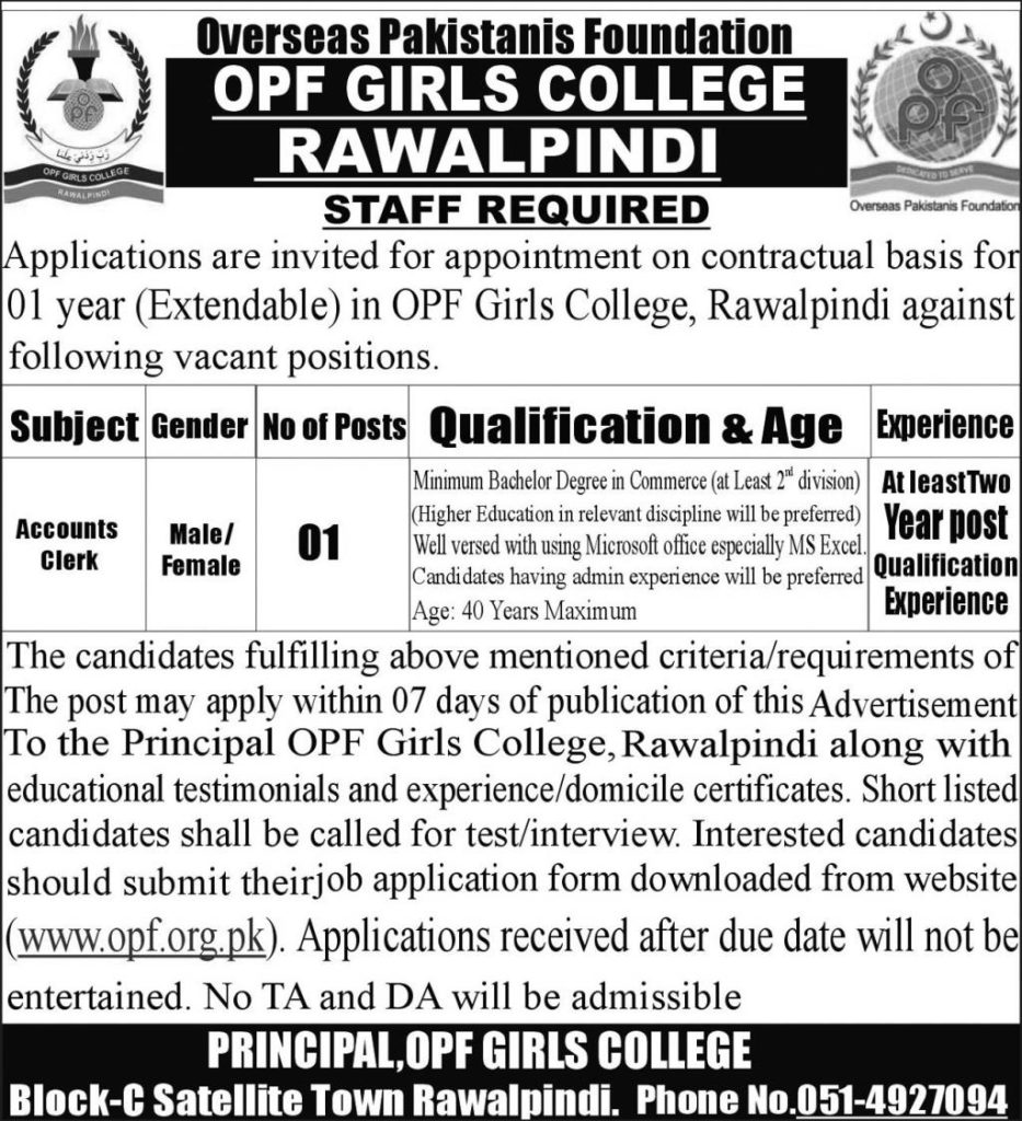 Overseas Pakistanis Foundation OPF Girls College Rawalpindi Jobs 2025