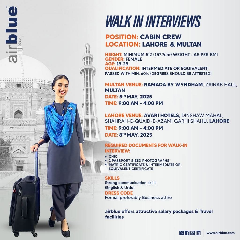 Airblue Cabin Crew Jobs 2025 Advertisement