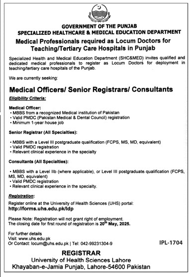 Specialized Healthcare & Medical Education Department Govt of Punjab Jobs 2025