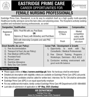 Eastridge Prime Care Rawalpindi Female Nursing Jobs 2025