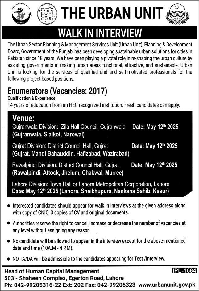 Urban Unit Planning & Development Board Govt of Punjab Jobs 2025 Walk-in Interviews